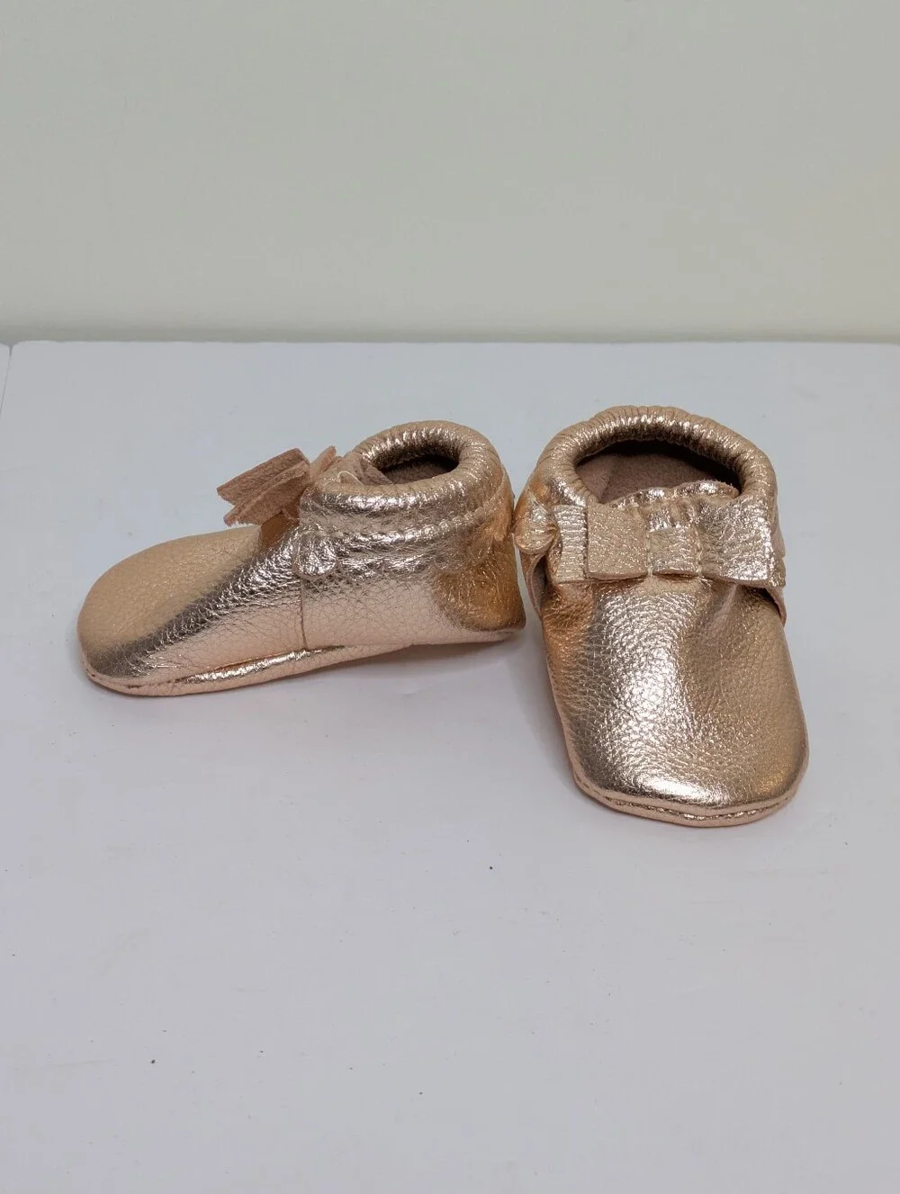Freshly Picked Rose Gold Baby Moccasins with Bows 2T